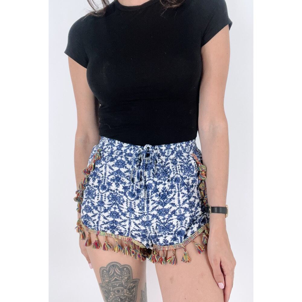 Women's Blue Multicolor Print Fringe Tassel Shorts Size Small